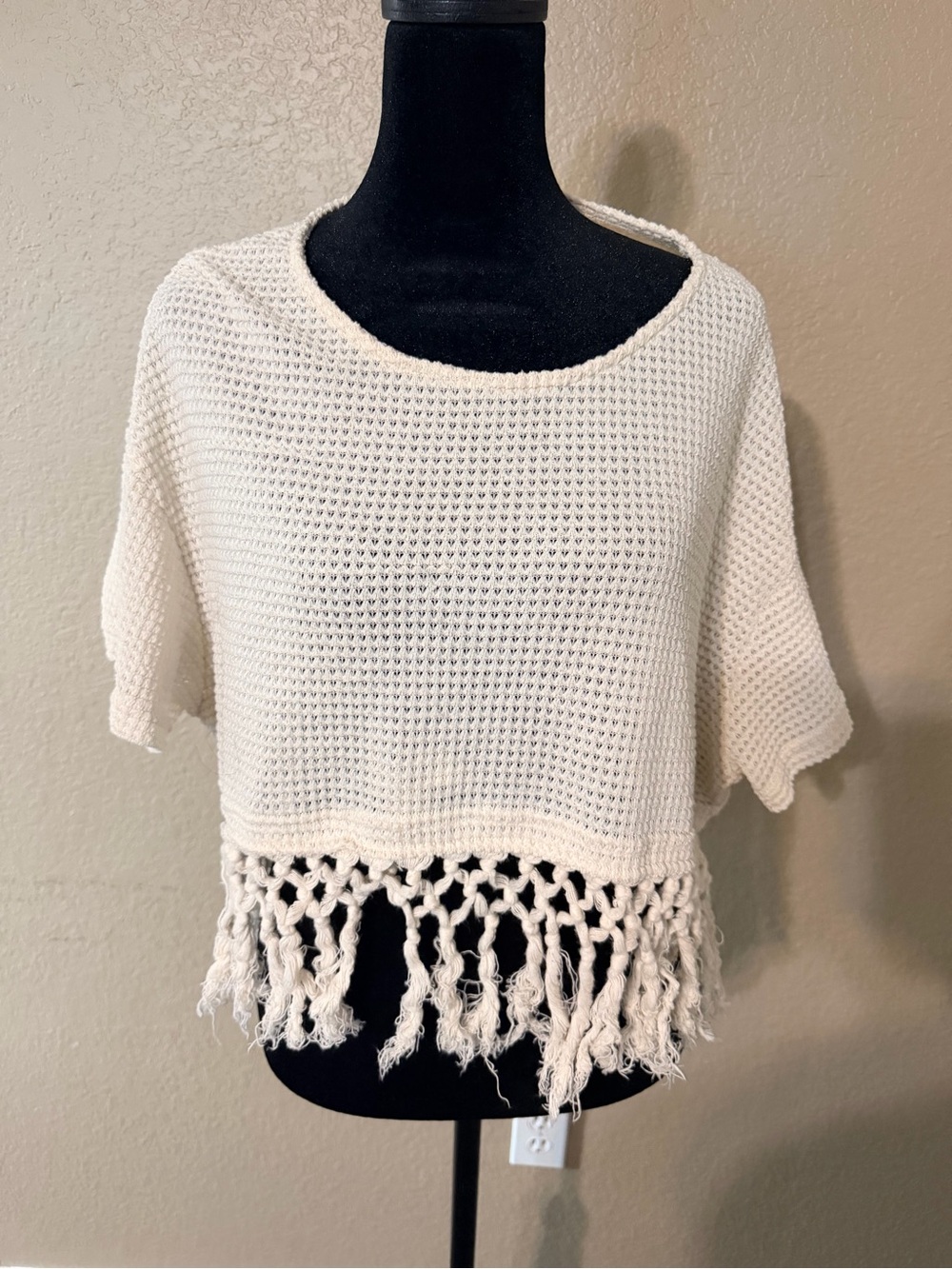 SHEIN Cream Crochet Fringe Crop Sweater